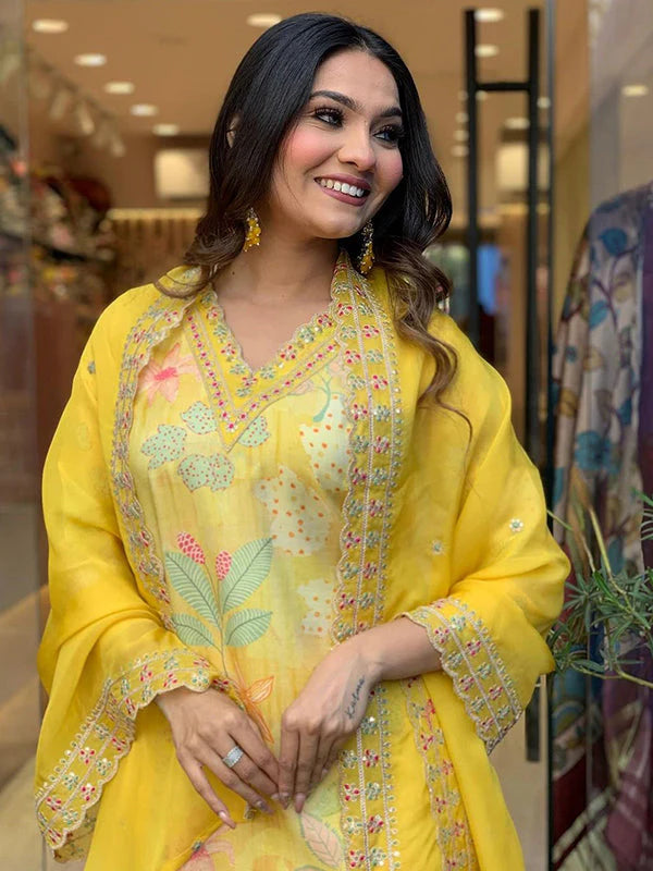 Yellow Viscose Printed Kurti With Pant & Dupatta Set