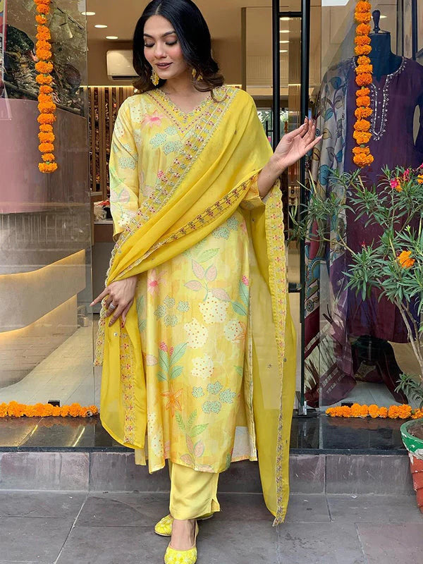 Yellow Viscose Printed Kurti With Pant & Dupatta Set