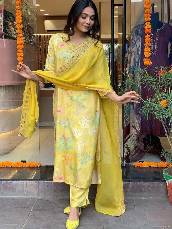 Yellow Viscose Printed Kurti With Pant & Dupatta Set