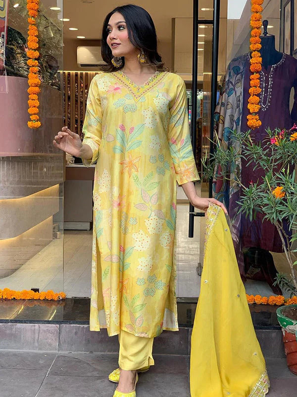 Yellow Viscose Printed Kurti With Pant & Dupatta Set