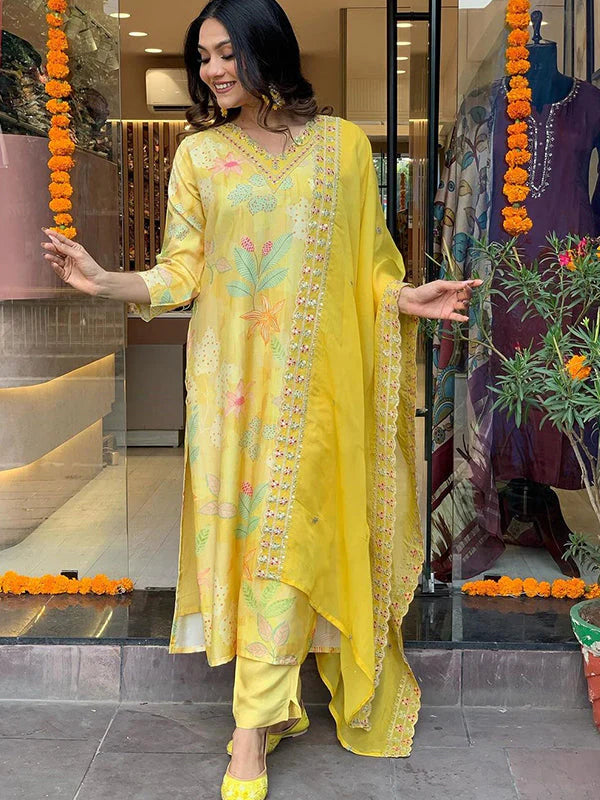 Yellow Viscose Printed Kurti With Pant & Dupatta Set