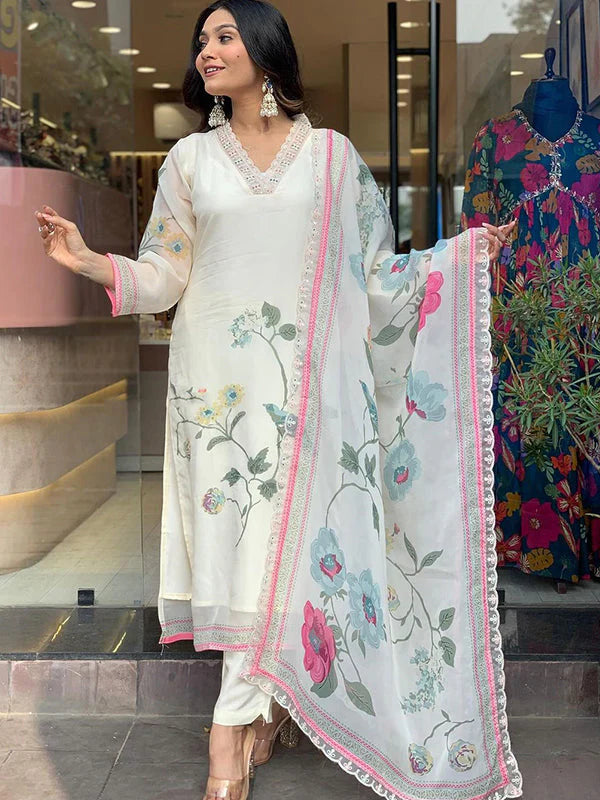 White Organza Printed Kurti With Pant & Dupatta Set