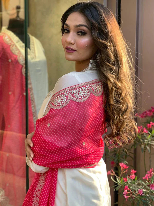 Viscose Off White Embroidered Kurti With Pant & Dupatta Set