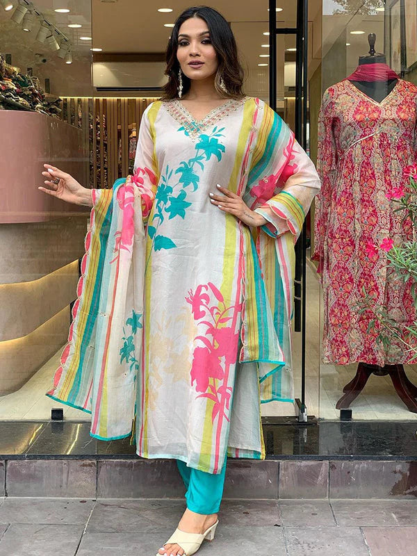 Taby Multicolor Printed Kurti With Pant & Dupatta Set