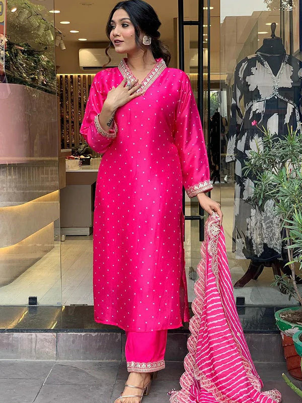 Dark Pink Viscose Embroidered Kurti With Pant & Dupatta Set