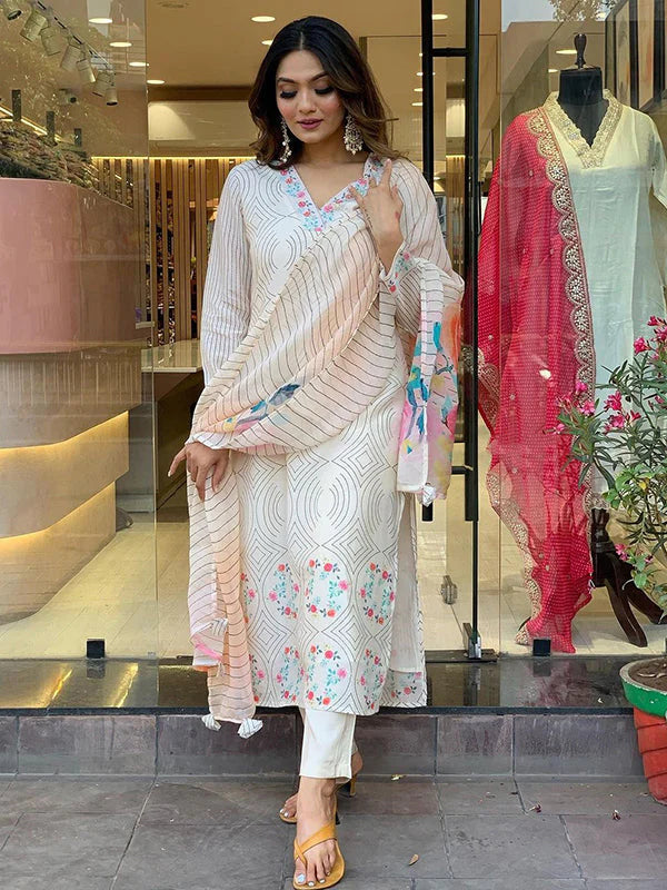 White Taby Printed Kurti With Pant & Dupatta Set