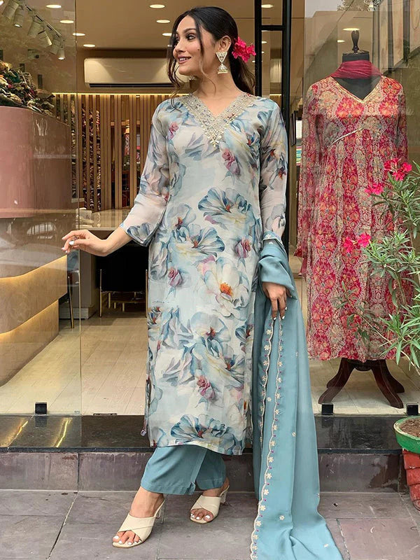 Sky Grey Taby Printed Kurti With Pant & Dupatta Set