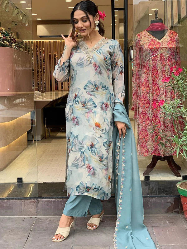 Sky Grey Taby Printed Kurti With Pant & Dupatta Set