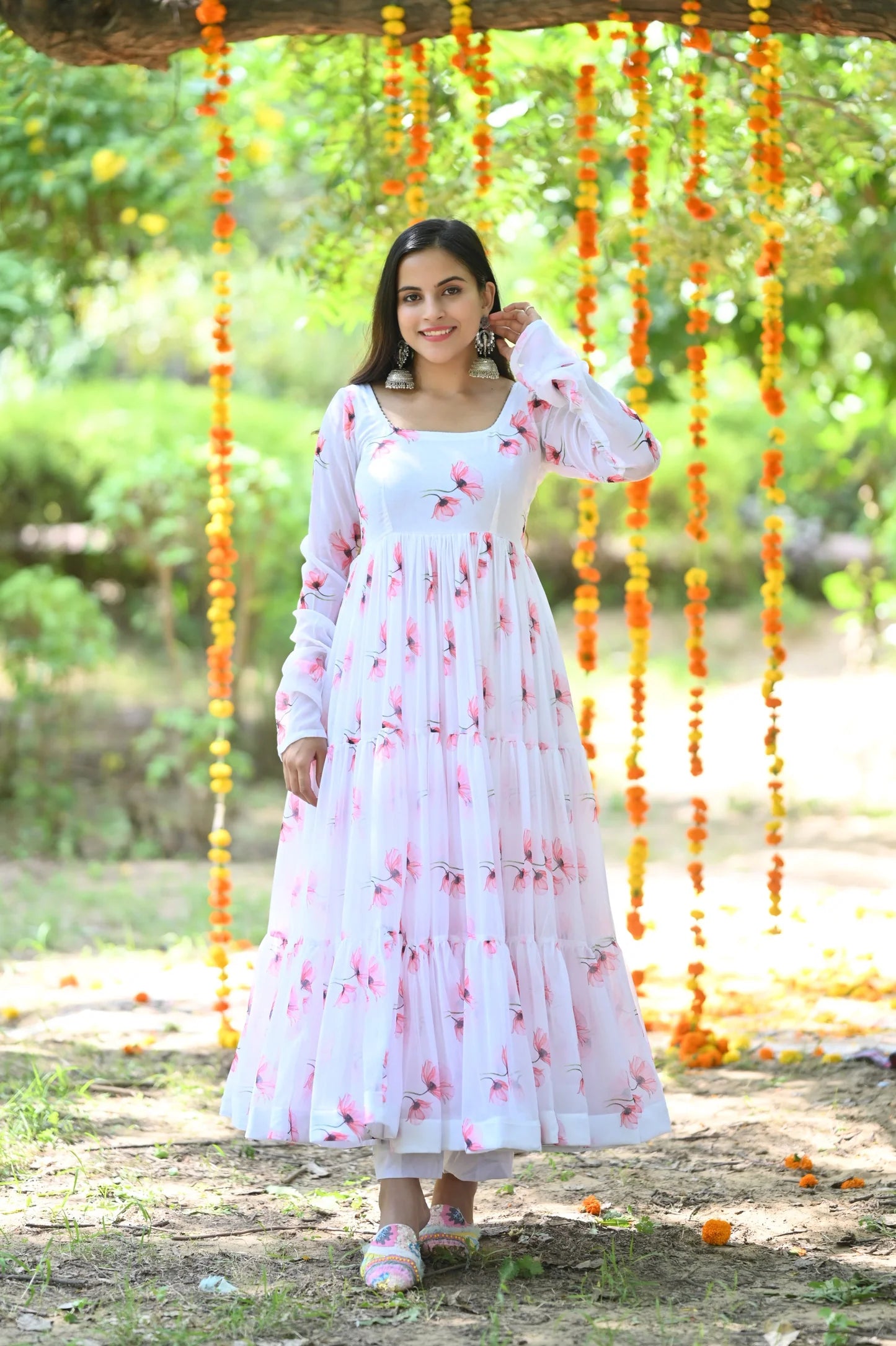 White Tulip Pattern Anarkali Suit With Dupatta Set