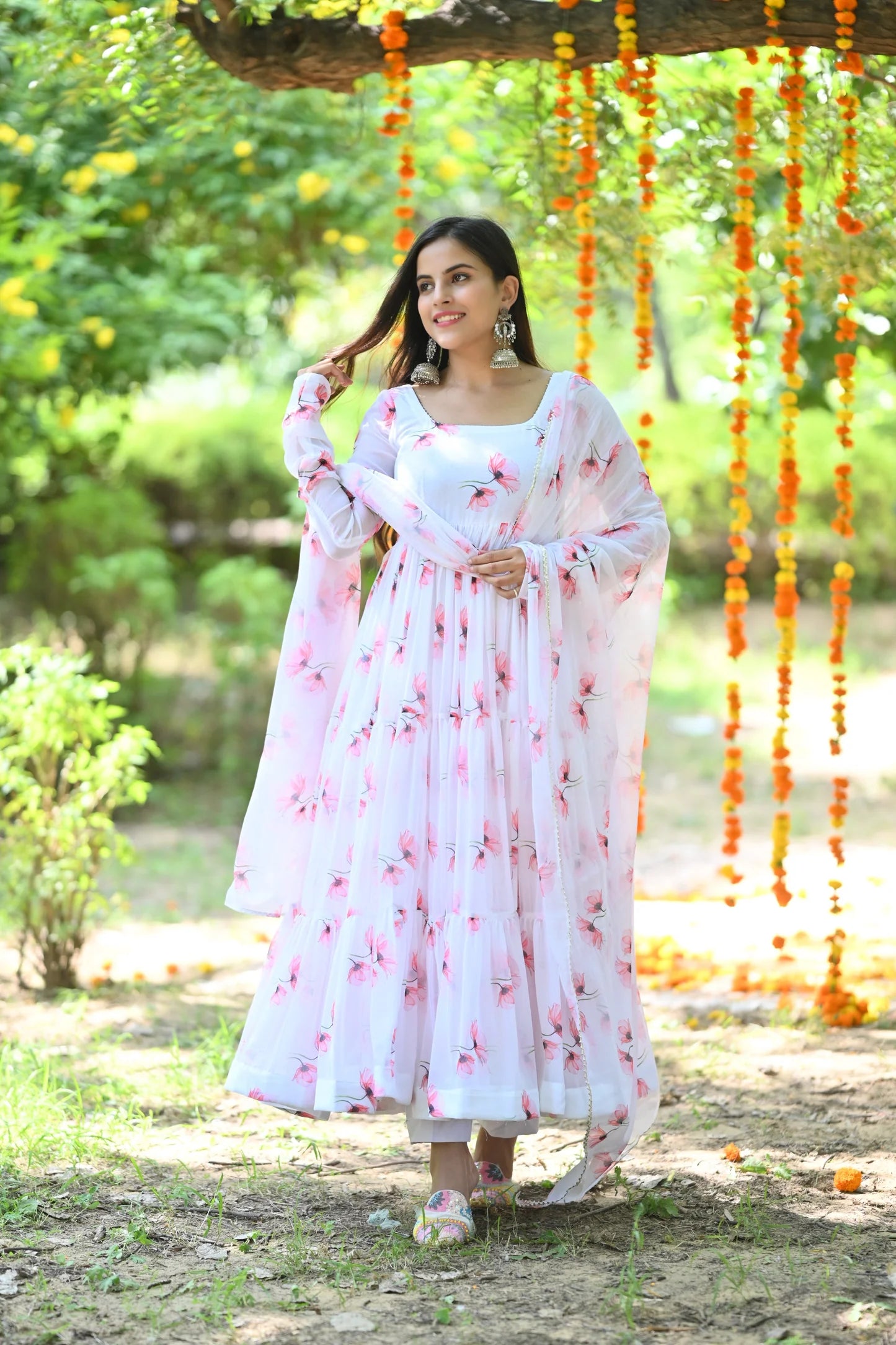 White Tulip Pattern Anarkali Suit With Dupatta Set