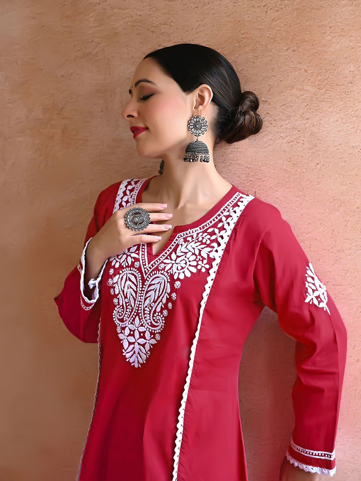 New Chikankari Exclusive  Kurti_Pent Pair  (Red)