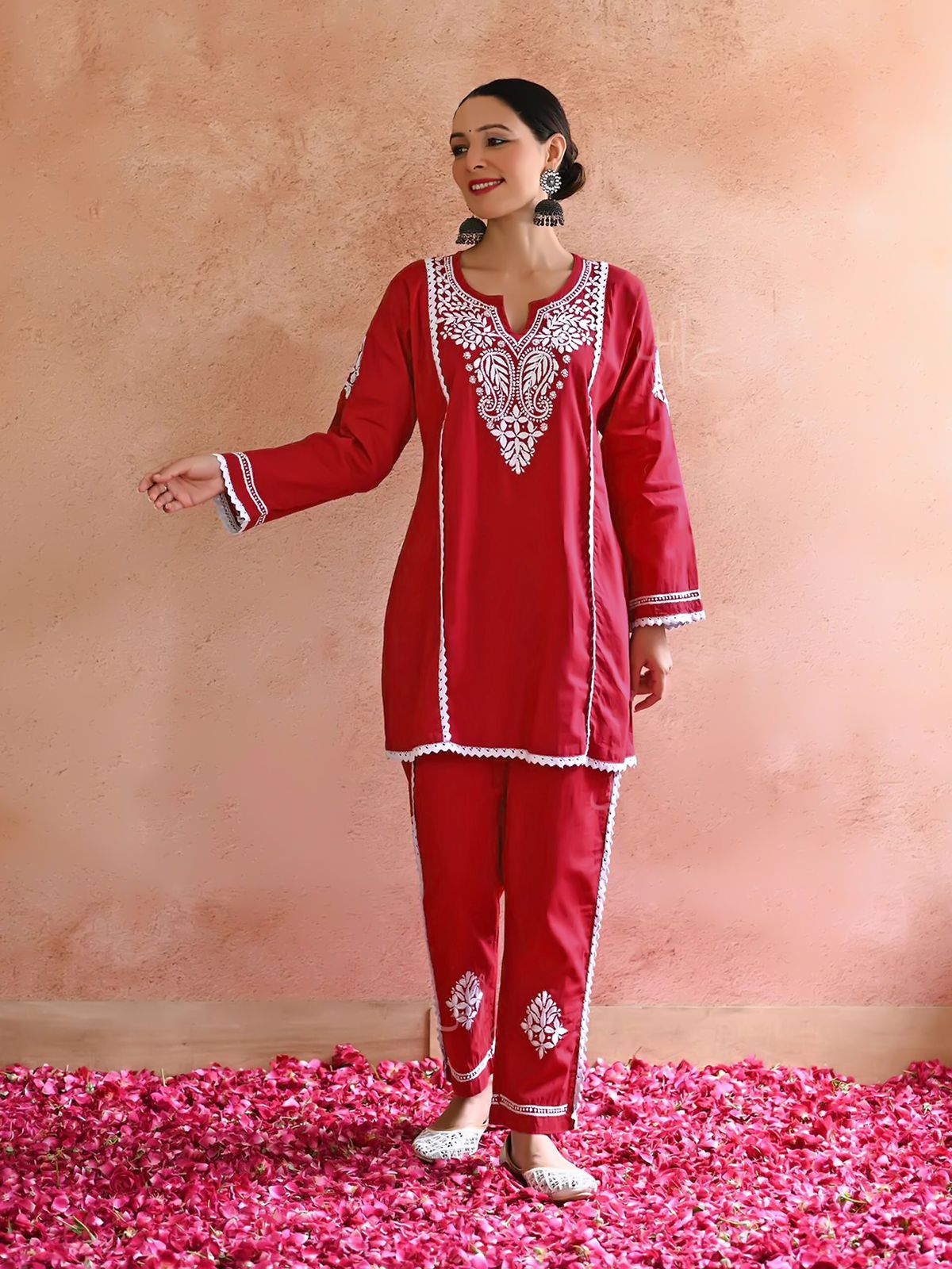 New Chikankari Exclusive  Kurti_Pent Pair  (Red)