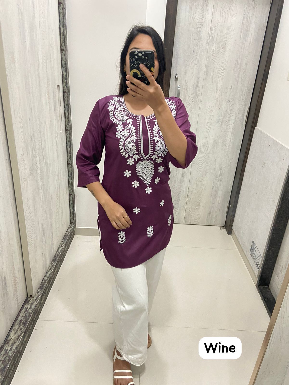 Women Chikan Embroidery Cotton Tops (Wine)