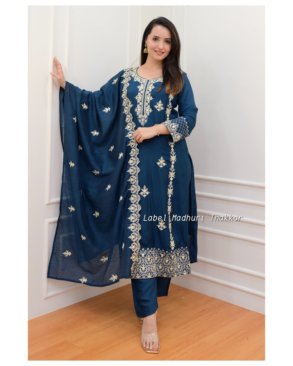 Peacock Blue Thread Embroidered Muslin Suit