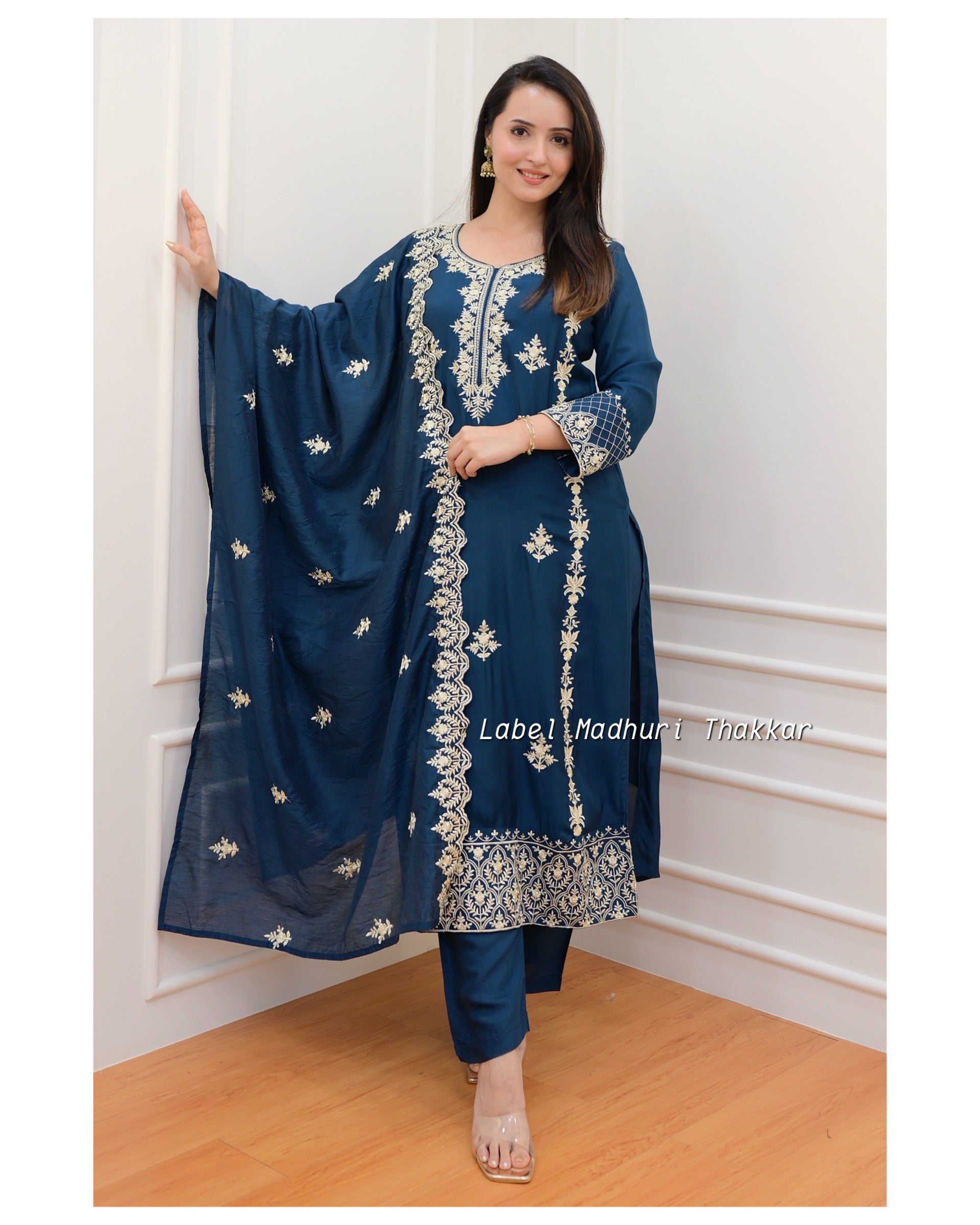 Peacock Blue Thread Embroidered Muslin Suit