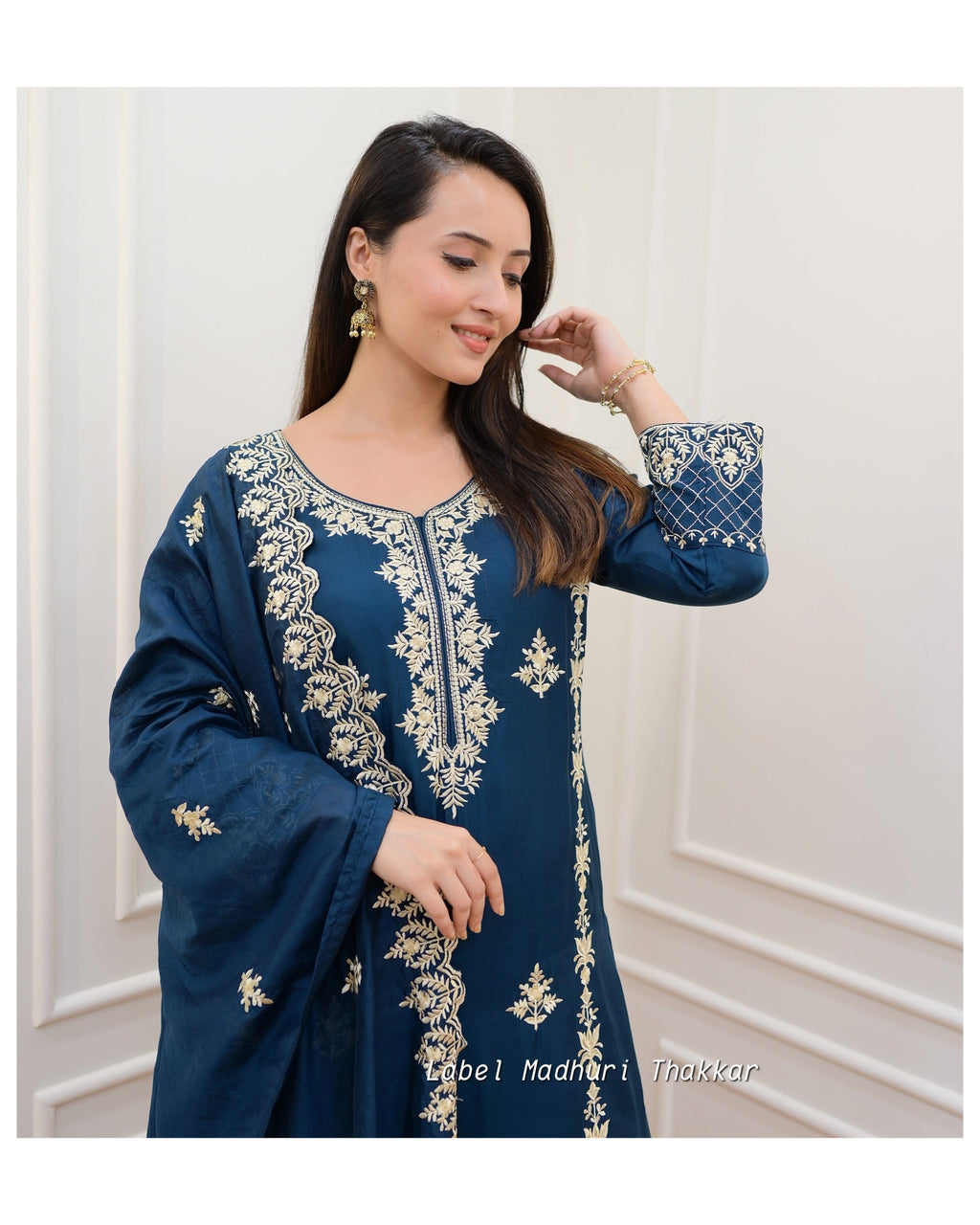 Peacock Blue Thread Embroidered Muslin Suit