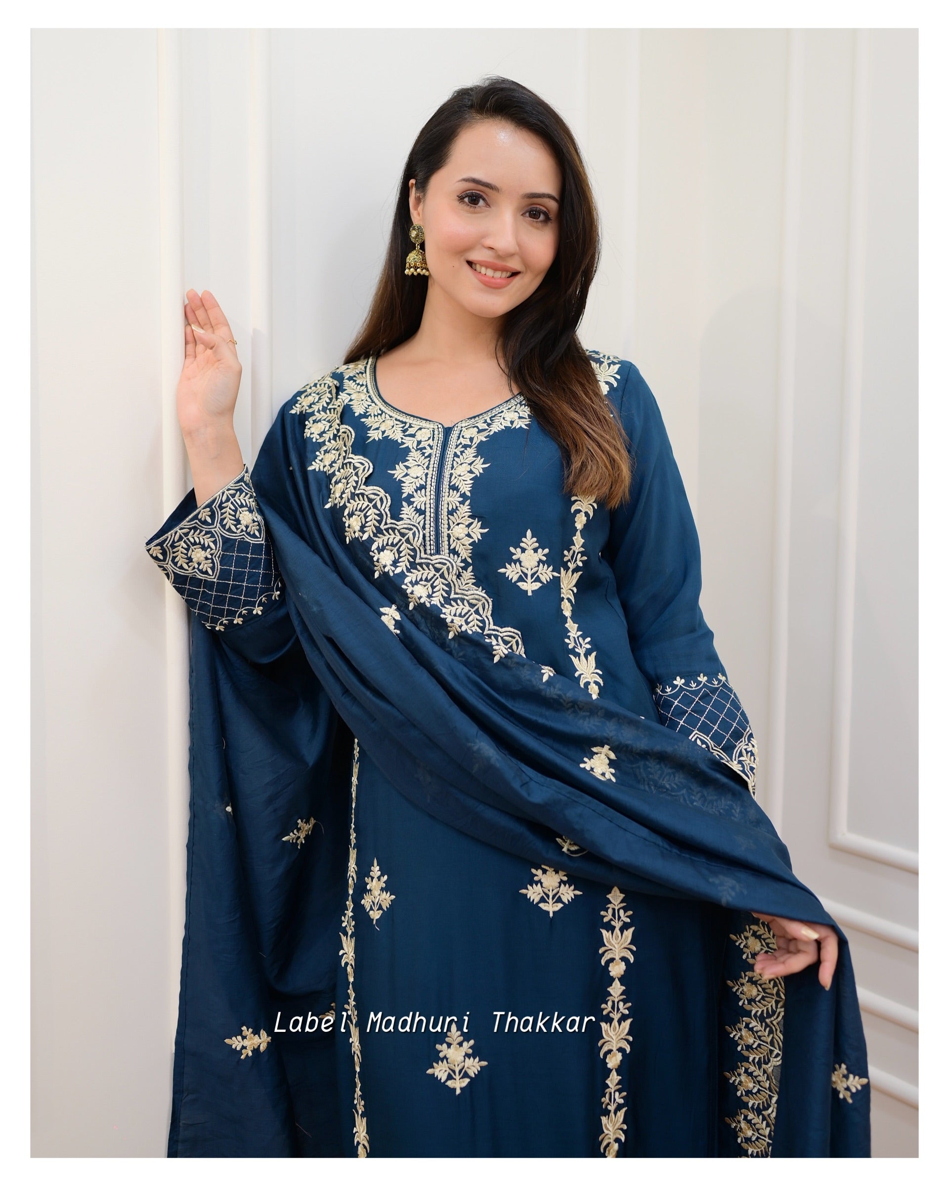 Peacock Blue Thread Embroidered Muslin Suit