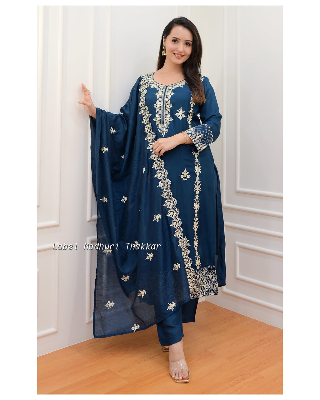 Peacock Blue Thread Embroidered Muslin Suit