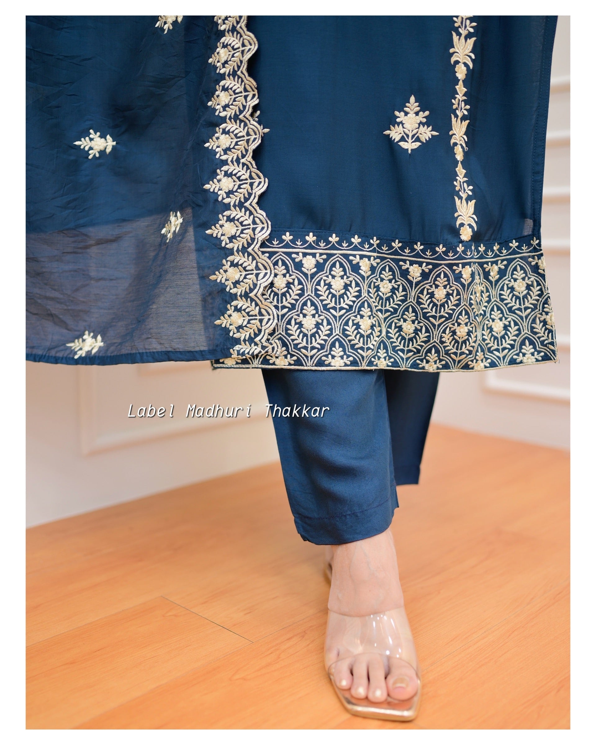 Peacock Blue Thread Embroidered Muslin Suit