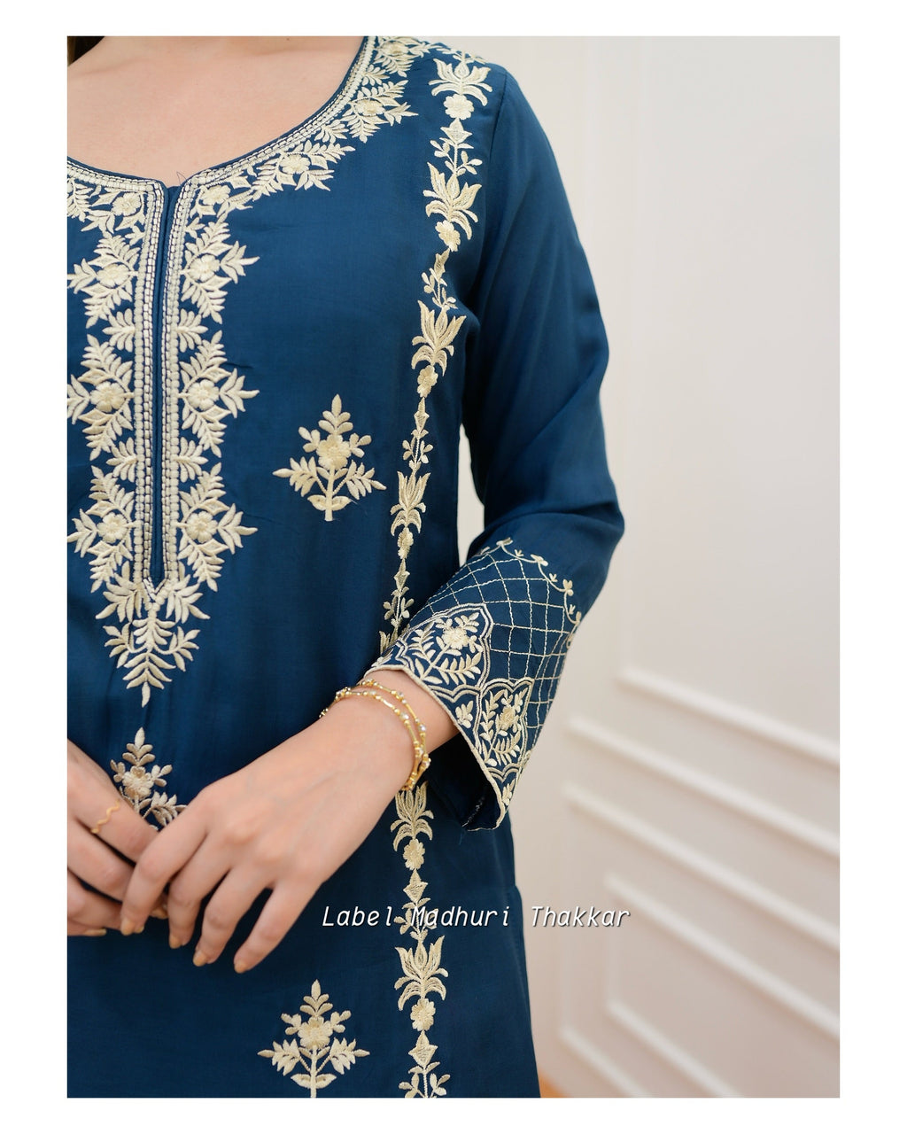 Peacock Blue Thread Embroidered Muslin Suit