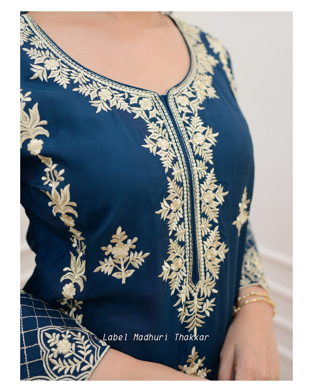 Peacock Blue Thread Embroidered Muslin Suit