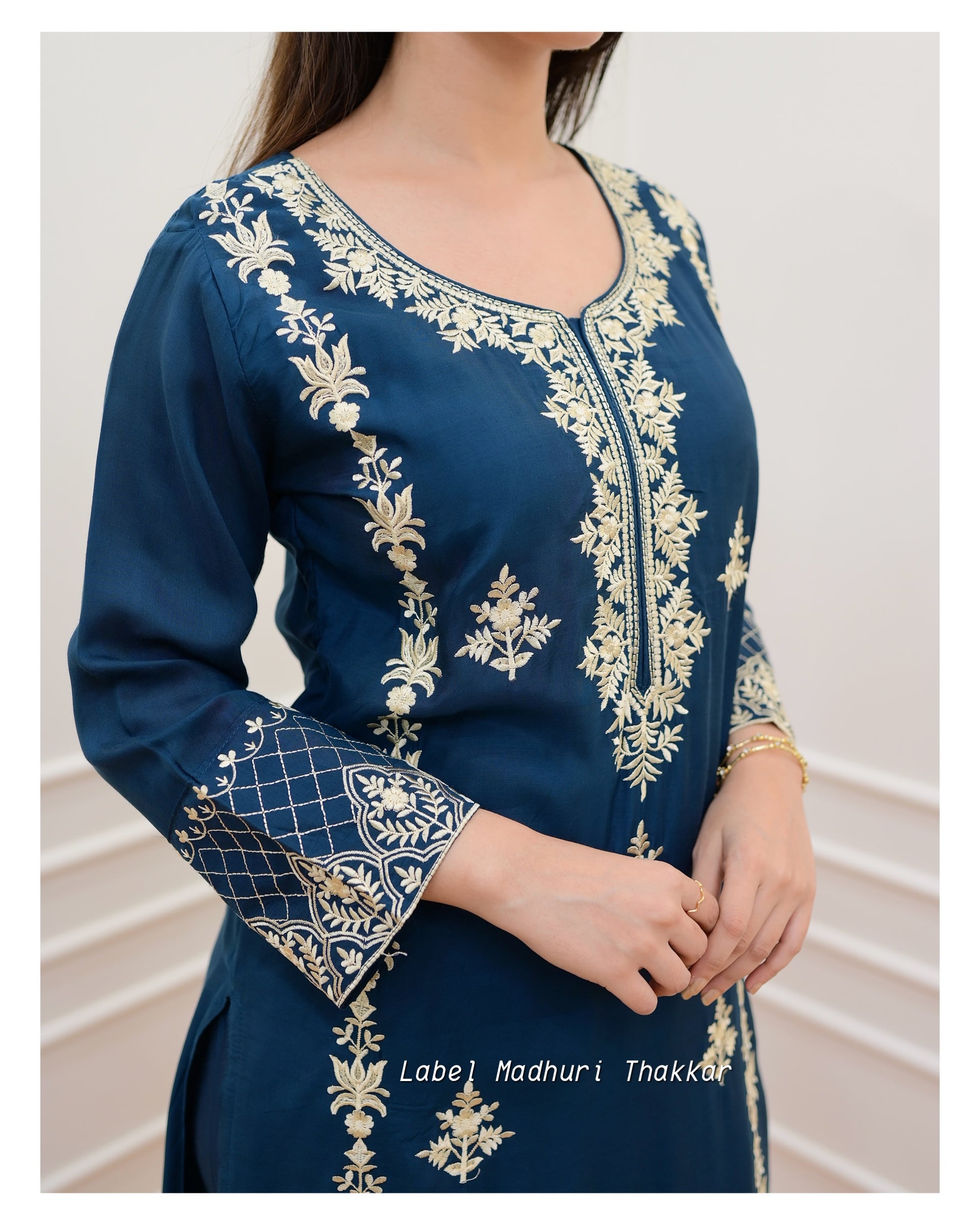 Peacock Blue Thread Embroidered Muslin Suit