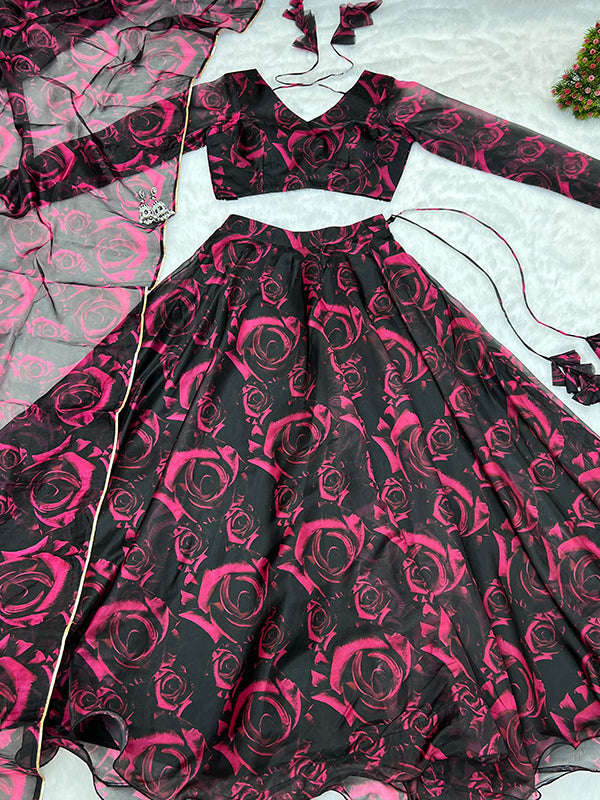 Black Pink Rose Printed Organza Silk Lehenga Choli