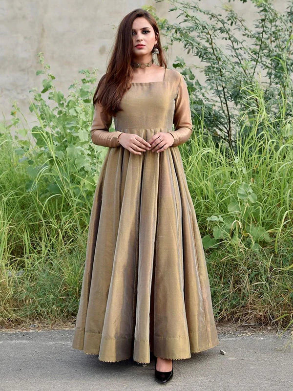 Bronze Gold Lama Anarkali Gown With Dupatta Set