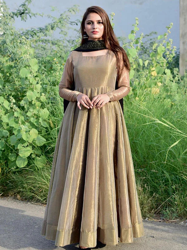 Bronze Gold Lama Anarkali Gown With Dupatta Set