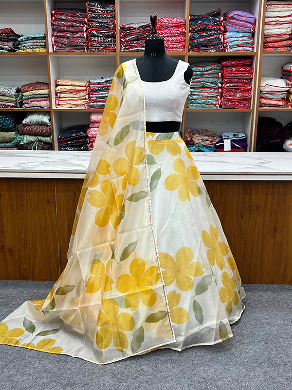 Yellow Flower Printed Organza Silk Lehenga Choli