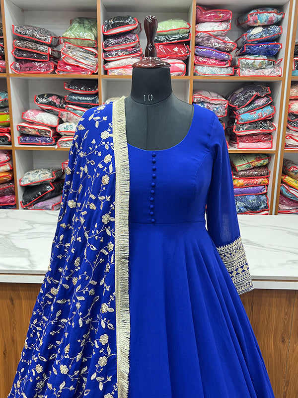 Royal Blue Anarkali Georgette Gown With Golden Dupatta Set