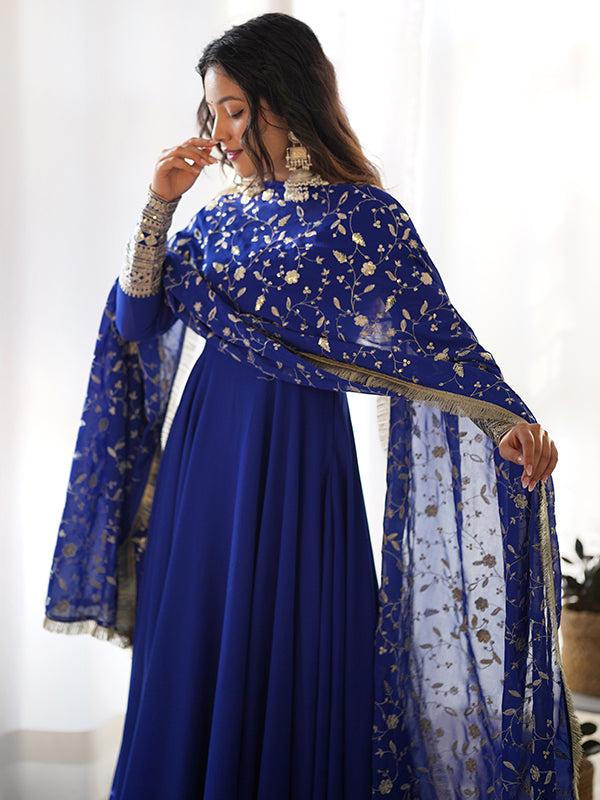 Royal Blue Anarkali Georgette Gown With Golden Dupatta Set