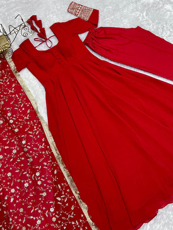 Red Anarkali Georgette Gown With Golden Dupatta Set