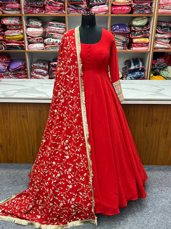 Golden gown with red dupatta best sale