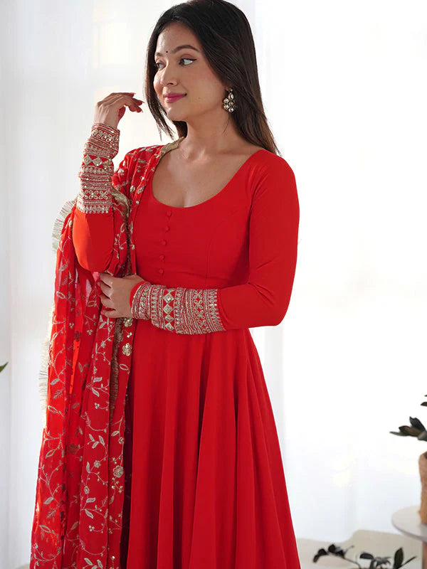 Red Anarkali Georgette Gown With Golden Dupatta Set