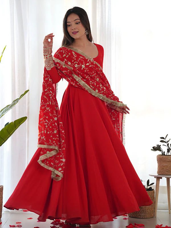 Red Anarkali Georgette Gown With Golden Dupatta Set