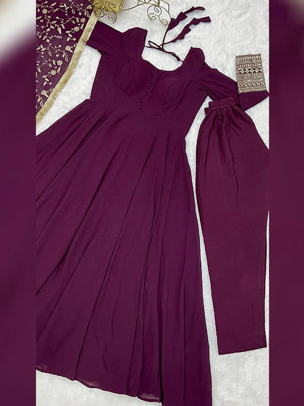 Wine Anarkali Georgette Gown With Golden Dupatta Set