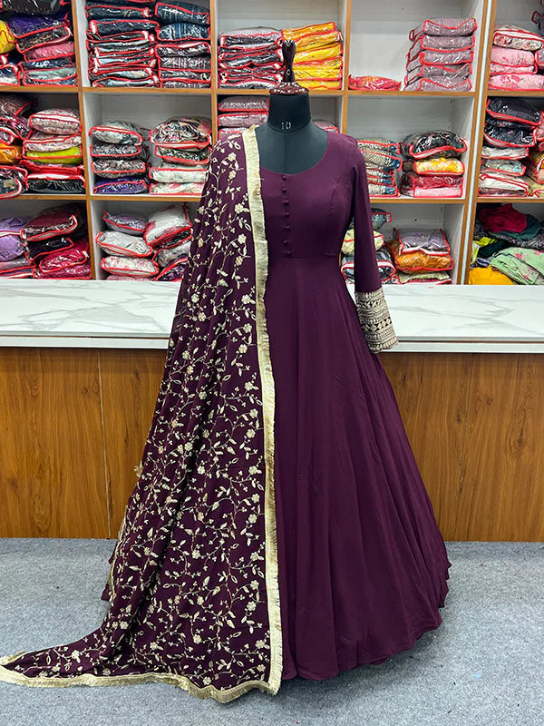 Wine Anarkali Georgette Gown With Golden Dupatta Set