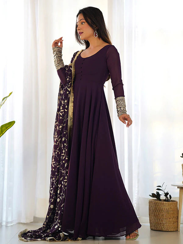 Wine Anarkali Georgette Gown With Golden Dupatta Set