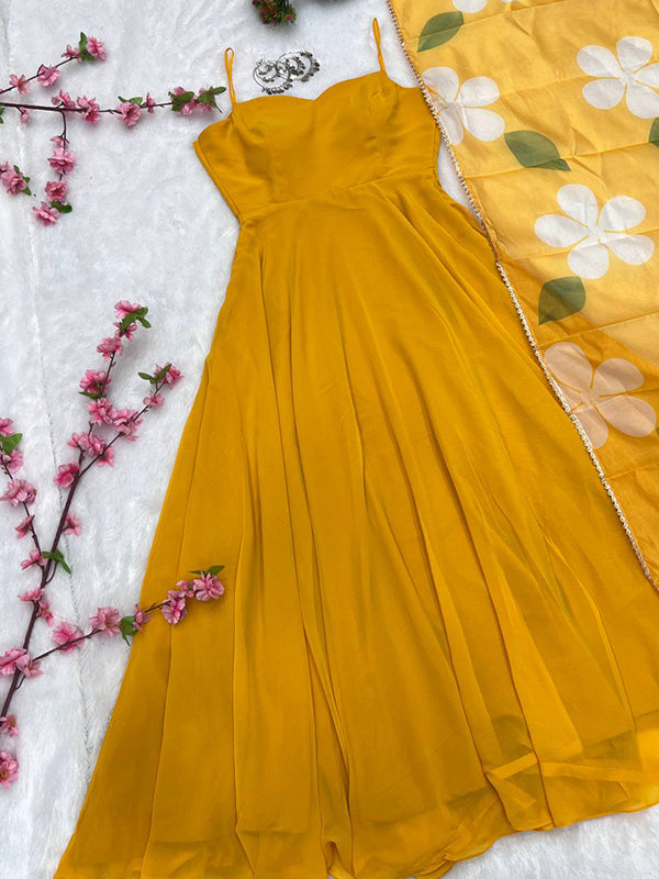 Yellow Georgette Plain Gown With Printed Dupatta Set