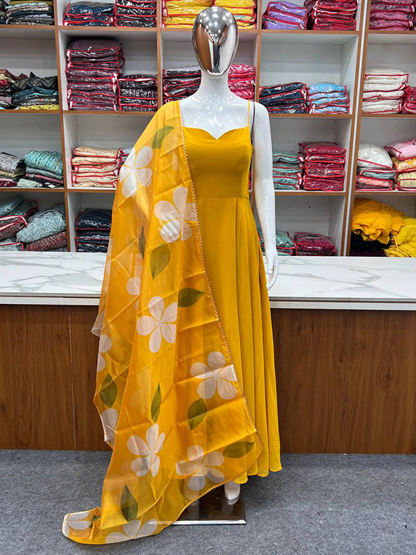 Yellow Georgette Plain Gown With Printed Dupatta Set