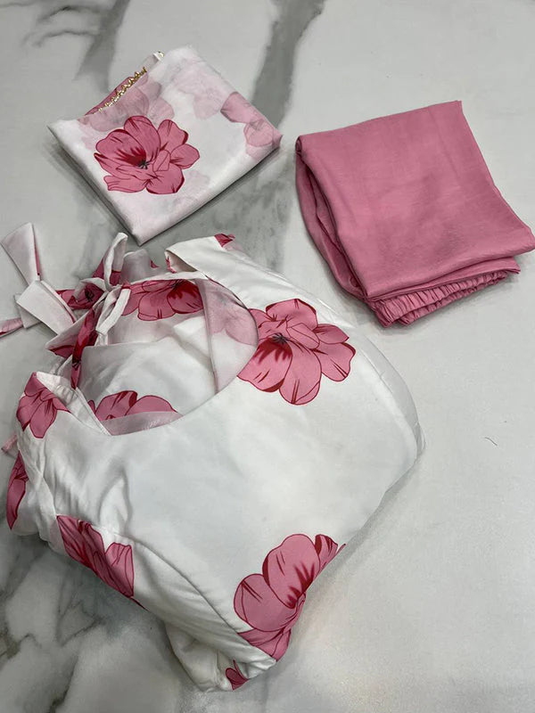 Pink Fulwari Organza Printed Anarkali Kurti With Pant & Dupatta Set