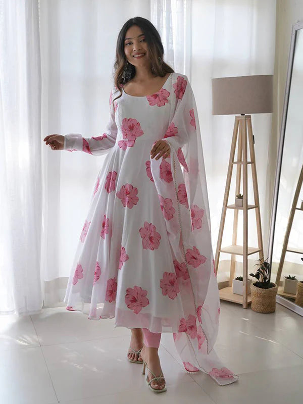 Pink Fulwari Organza Printed Anarkali Kurti With Pant & Dupatta Set