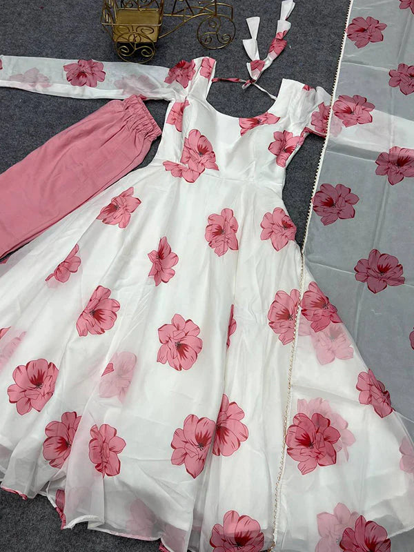 Pink Fulwari Organza Printed Anarkali Kurti With Pant & Dupatta Set