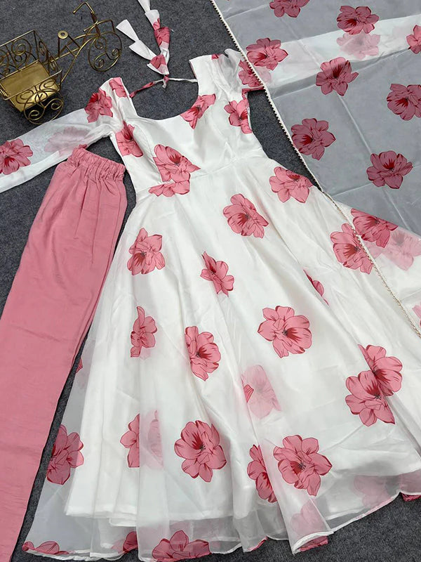 Pink Fulwari Organza Printed Anarkali Kurti With Pant & Dupatta Set