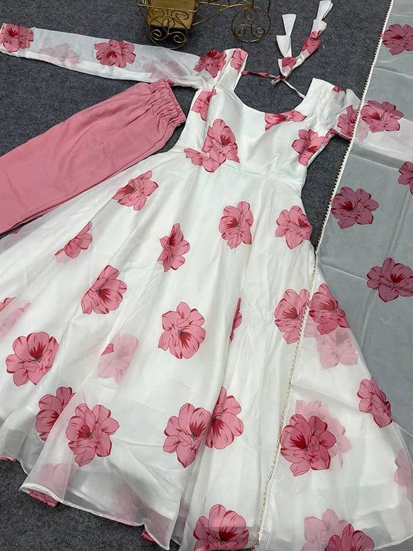 Pink Fulwari Organza Printed Anarkali Kurti With Pant & Dupatta Set