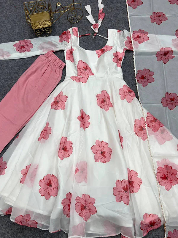 Pink Fulwari Organza Printed Anarkali Kurti With Pant & Dupatta Set