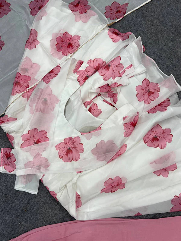 Pink Fulwari Organza Printed Anarkali Kurti With Pant & Dupatta Set