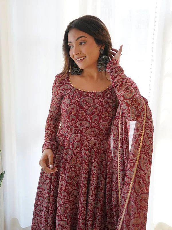Maroon Fulwari Organza Printed Anarkali Kurti With Pant & Dupatta Set