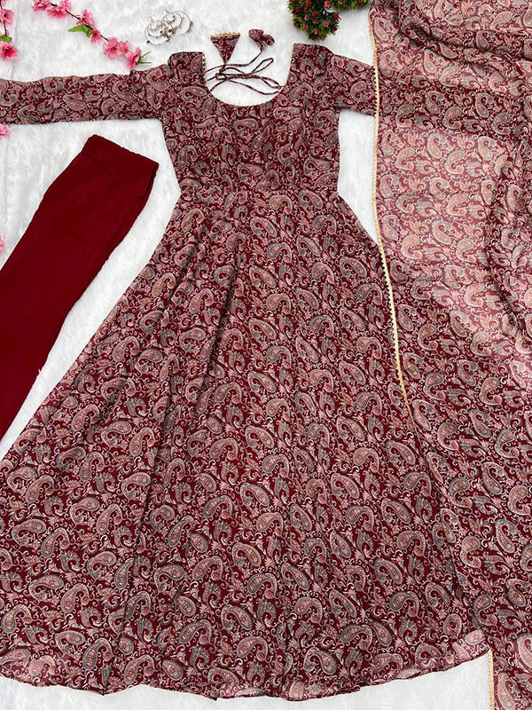 Maroon Fulwari Organza Printed Anarkali Kurti With Pant & Dupatta Set